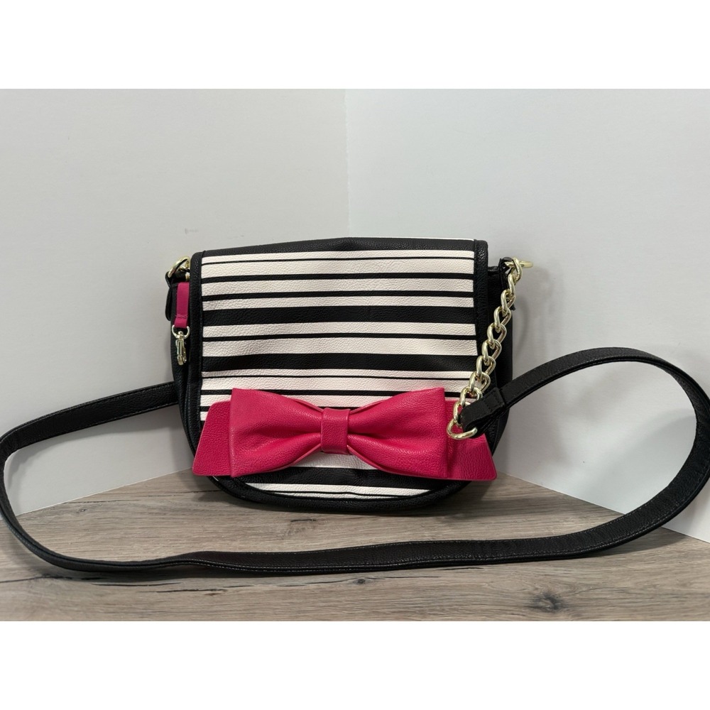 Betsey Johnson Pink Bow Black & White Striped Purse